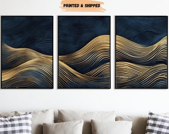 Navy Blue and Gold Minimalist Wall Art, Ocean Wave Set of 3, Navy and Gold Abstract Shapes, Geometric Hallway Print, Living Room Wall Decor
