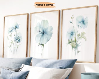 LakelzDecor Light Blue Watercolor Botanical Prints, Set of 3, Chiffon Hibiscus Art, Hamptons Boho Floral, Modern Home Decor, Sage Green