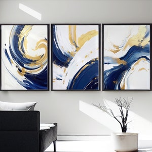 LakelzDecor Minimalistische blaue abstrakte Wandkunst, 3er-Set, marineblaue und goldene Aquarellformen, geometrischer Flurdruck, Ölgemälde, dunkelblau