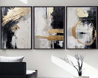 Neutral Minimalist Oil Painting, Set of 3, Black Bedroom Wall Art, Large Gold Wall Decor, Gold Abstract Art Prints, Black and Gold Wall Art