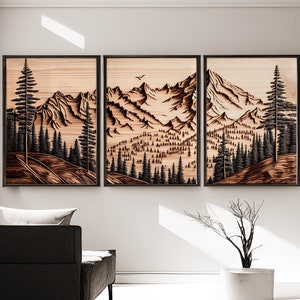 Mountain Wall Art Printable, Wood Panels, Wood Wall Art, Modern Wall Art, Large Mountain Wall Art, 3 Piece Art Print, Burned Wood Effect Art