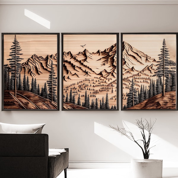 Mountain Wall Art Printable, Wood Panels, Wood Wall Art, Modern Wall Art, Large Mountain Wall Art, 3 Piece Art Print, Burned Wood Effect Art