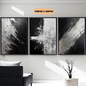 LakelzDecor Black and Silver Oil Paint Strokes Prints, Minimalist Abstract Shapes Wall Art, Set of 3, Large Wall Decor, Dark Background Boho