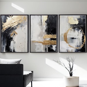 Pintura a óleo minimalista neutra, conjunto de 3, arte de parede preta para quarto, decoração grande de parede dourada, impressões de arte abstrata dourada, arte de parede preta e dourada