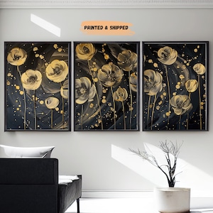 LakelzDecor Black and Gold Flower Field Prints, Set of 3, Abstract Wall Art, Large Canvas, Modern Hallway Decor, Living Room Decoration
