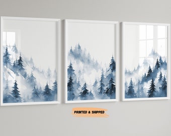 LakelzDecor Blue Nursery decor mountain, Set of 3, Winter Mountain wall art, watercolor, navy, baby blue, Snow forest, minimalist decor