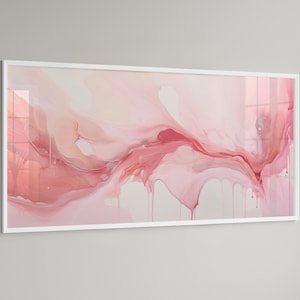 LakelzDecor Minimalist Abstract Acrylic Pour Art Print, Wide Horizontal Landscape, Pink and White Marble Wall Art, Large Minimalist Panorama