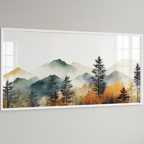 LakelzDecor Colorful Forest Wall decor, Wide Horizontal Landscape Print, Watercolor Mountain Wall Art, Autumn Fall Leaves, Large Panorama