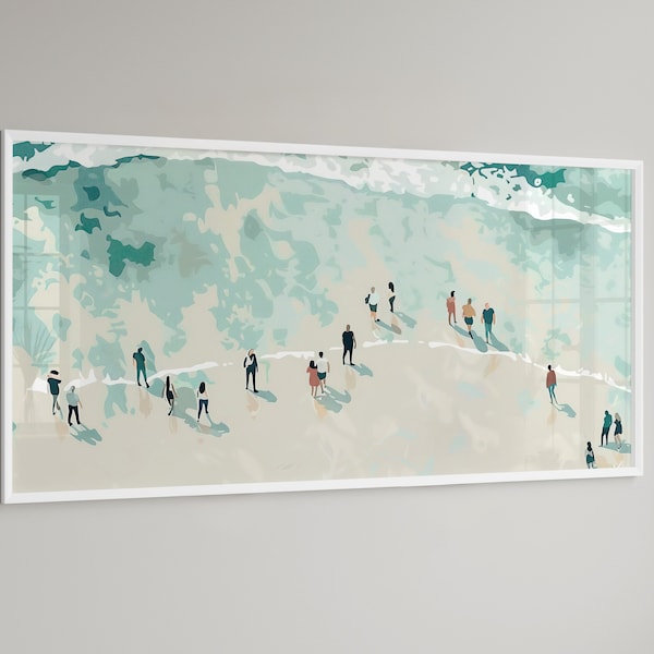 LakelzDecor Minimalist Beach Abstract Print, Teal and Beige, Wide Horizontal Canvas, Minimalistic Fine Art Poster, Gallery Watercolor Decor
