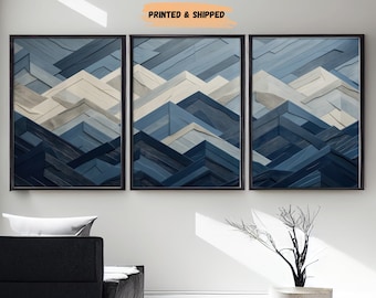 LakelzDecor Modern Navy Blue Mountain Range Wall Prints, Set of 3, Wood Panels Inspired, Framed Art, Large Wooden Canvas, Rustic Cabin Decor