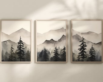 LakelzDecor Mountain Decor Printable, Set of 3, Boho Japanese wall art, black and white, adventure theme nursery, Gray Forest Abstract theme