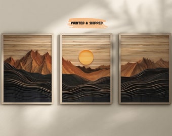 Sunset Mountain Top Wall Art Prints, Set of 3, Wood Panels, Wood Wall Art, Modern Framed Wall Art, Large Wall Canvas, Rustic Wood Effect