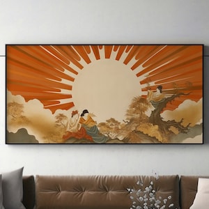 LakelzDecor Orange Japanese Geisha Style Wall Art, Traditional Cabin art, Nature and Tree print, Sunset Sunrise Canvas, Historic Painting