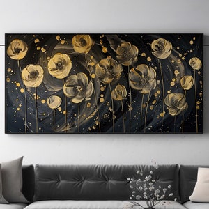LakelzDecor Panoramic Golden Flower Field Wall Art, Minimalist Modern Art Home Decor, Dark Gray and Gold Print, Black Large Abstract Canvas