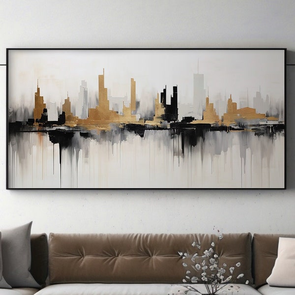 LakelzDecor Panoramic City Abstract Wall Art, Minimalist Modern Art Home Decor, Black and Gold Print, Large Canvas Art, City Horizon Print