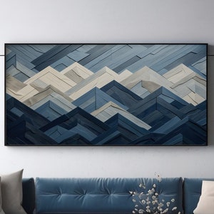 LakelzDecor Navy Blue & White Mountain Art, Wood Panel Inspired, Nature and Tree print, Dark Gray Cabin Decor, Framed Wooden Effect Canvas