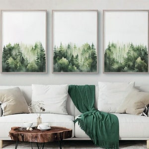 Sage Green Forest, Set of 3, nursery wall art printable, tree nursery decor, adventure theme nursery, Mountain prints, modern wall print