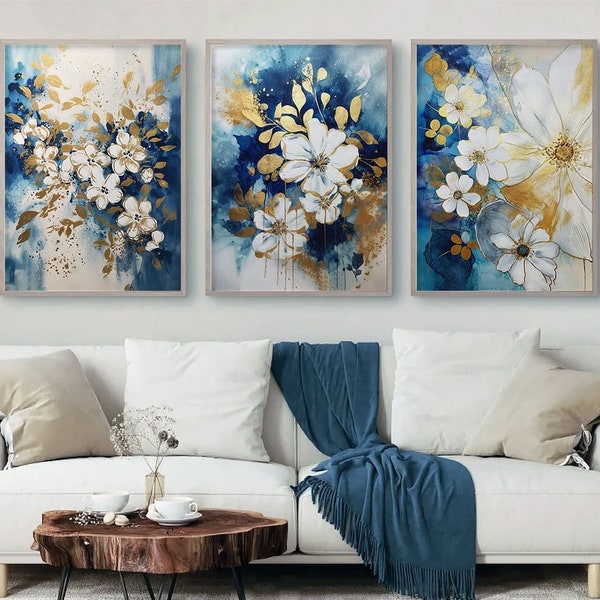 Blue & Gold Flower Abstract Wall Art, Set of 3, Navy and Gold Watercolor art, Printable Wall Art, Modern Hallway Print, Living Room Decor