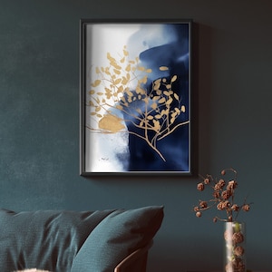 Navy Blue Abstract Wall Art, Set of 3, Navy and Gold Watercolor Shapes ...
