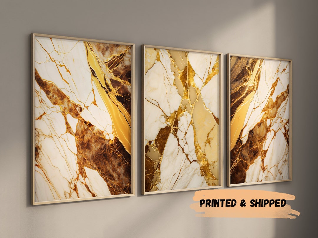 Beige & Gold Wall Prints Marble Wall Printed Art Set of 3 Beige Bedroom