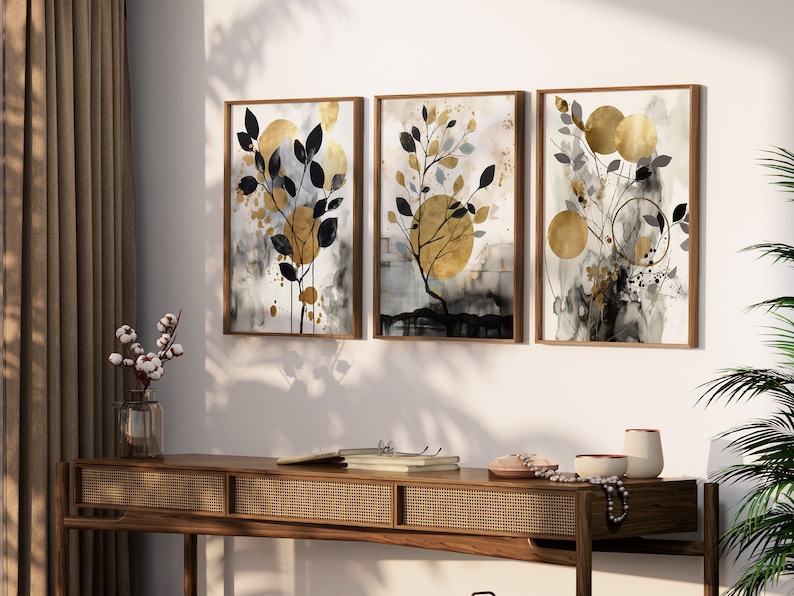 Black & Gold Botanical Abstract Wall Art, Set of 3, Gold Shapes Watercolor art, Printable Wall Art, Modern Hallway Print, Living Room Decor image 4