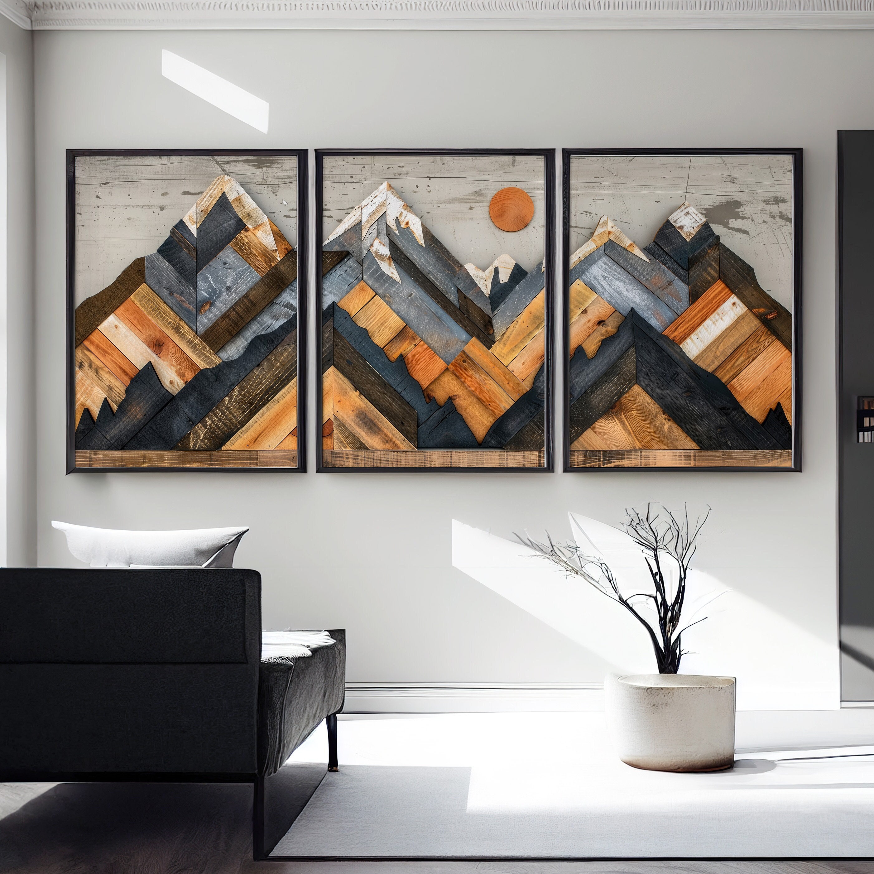 Lakelzdecor Wood Inspired Mountain Abstract, Wall Art Set of 3