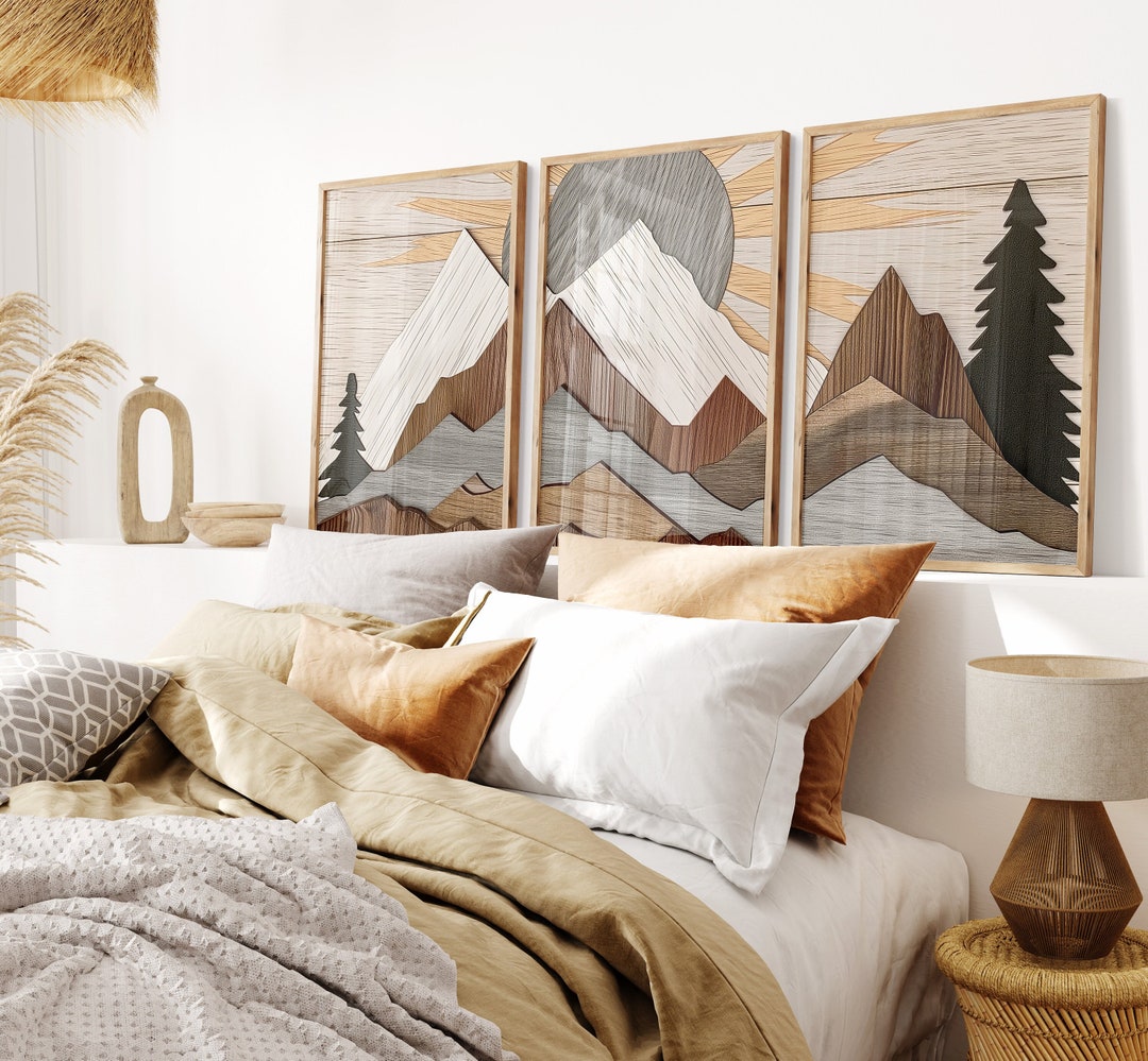 Lakelzdecor Wooden Effect Mountain Abstract Wall Art, Set of 3, Western