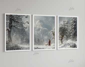 LakelzDecor Jesus & Lost Sheep on Snow Mountain, Set of 3, LDS Home Decor, Bible Wall Art, Christian Faith Shepherd Church, God Leave the 99