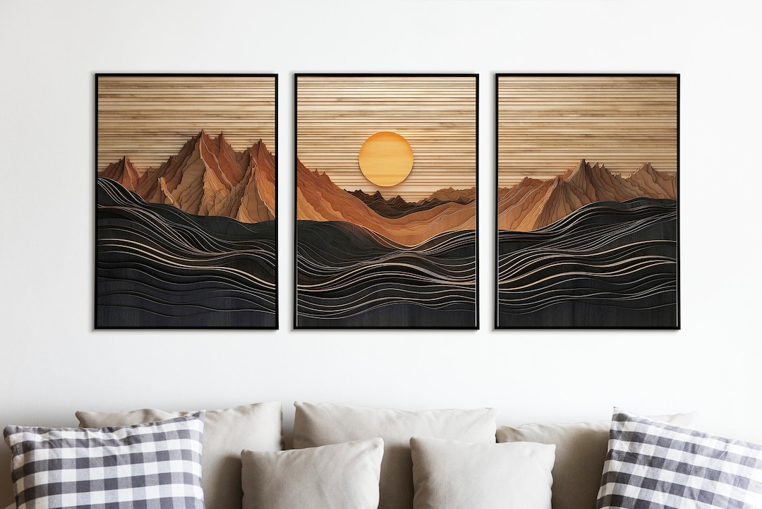 Sunset Mountain Range Wall Art Printable, Set of 3, Wood Panels, Wood