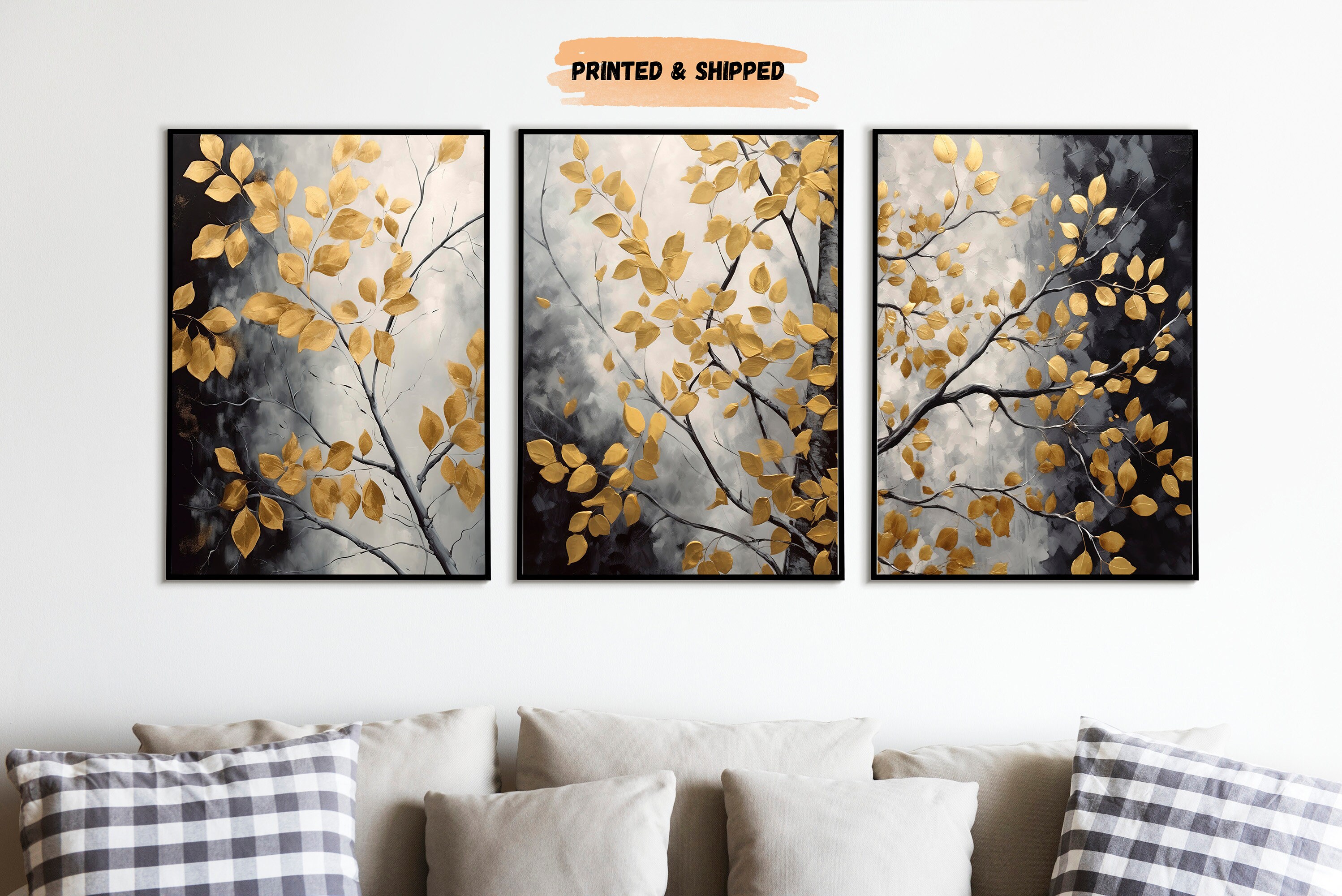 Black and Gold Leaves Oil Painting, Set of 3, Gold Abstract Wall Art ...