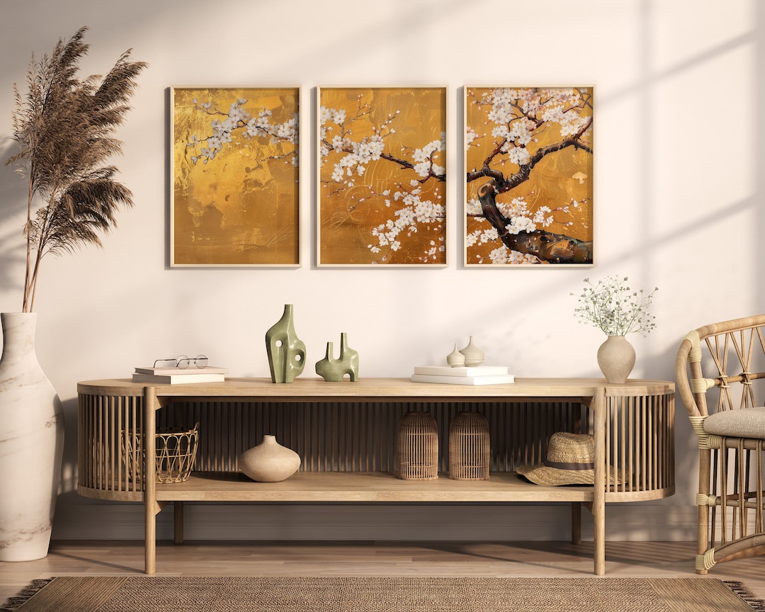 Lakelzdecor Japanese White Sakura Printable, Set of 3, Golden