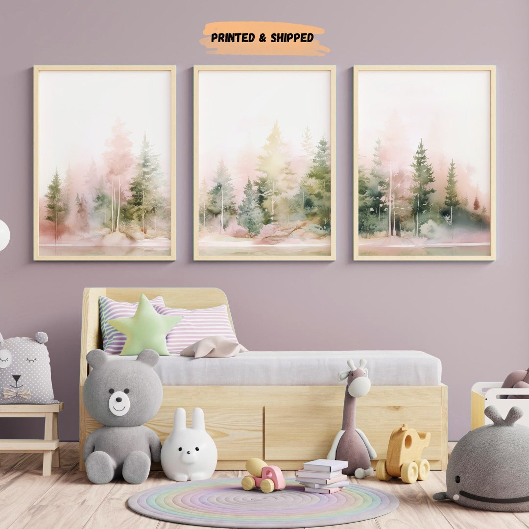 Lakelzdecor Pink Forest Nursery Art Prints, Set of 3, Woodland Nursery ...