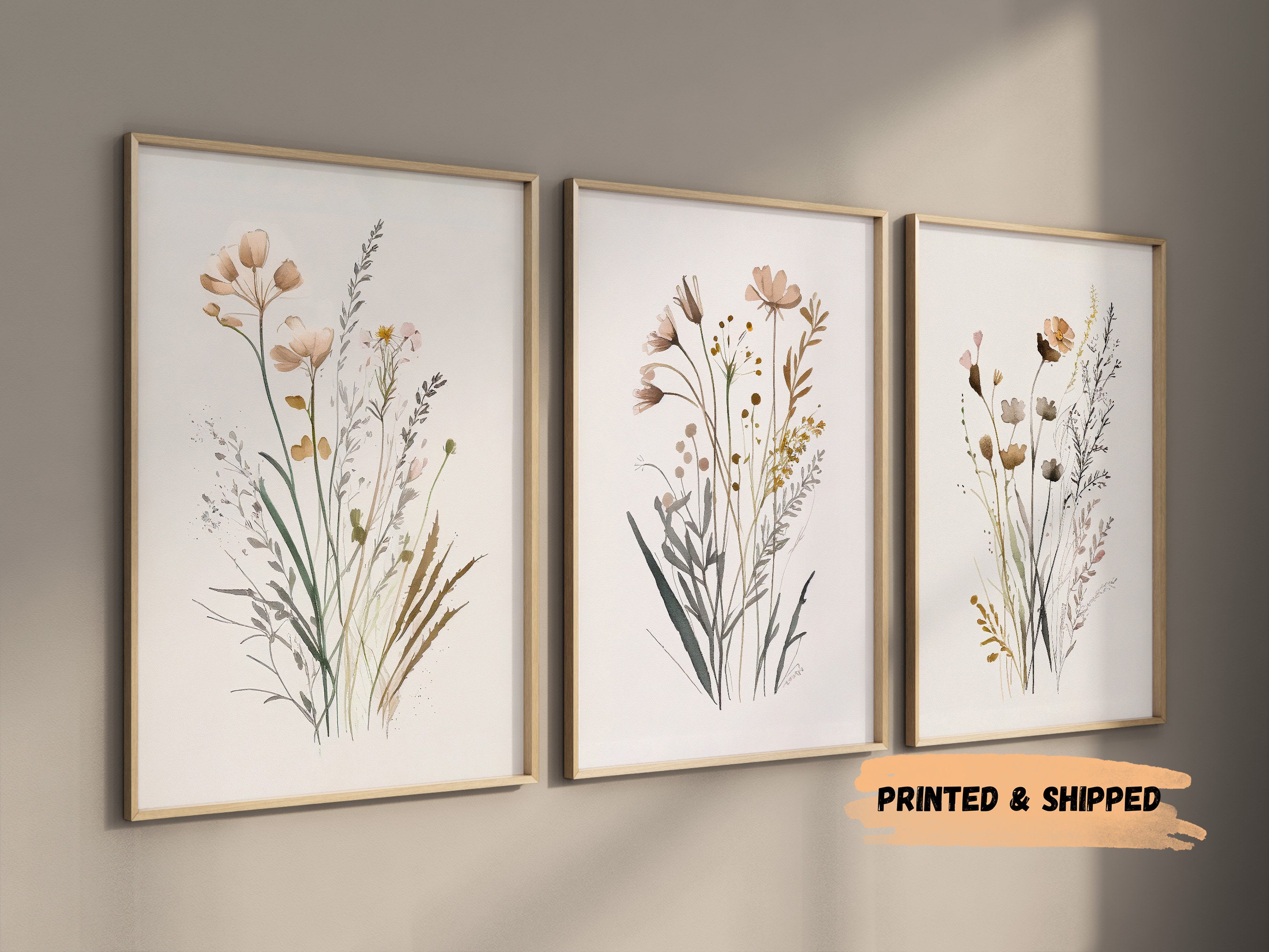 Boho Wildflower Wall Prints, Set of 3, Neutral Floral Prints, Beige ...