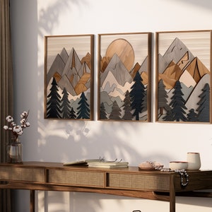 Wooden Mountain Range Wall Art, Set of 3, Wood Panels, Wood Wall Art ...