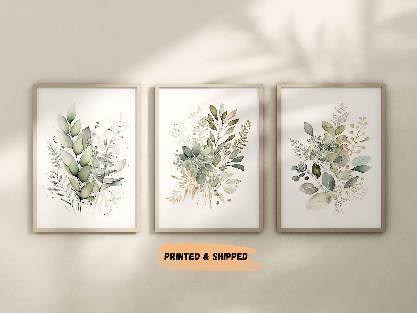 Sage Green Watercolor Botanical Prints Set of 3 Beige Wild - Etsy