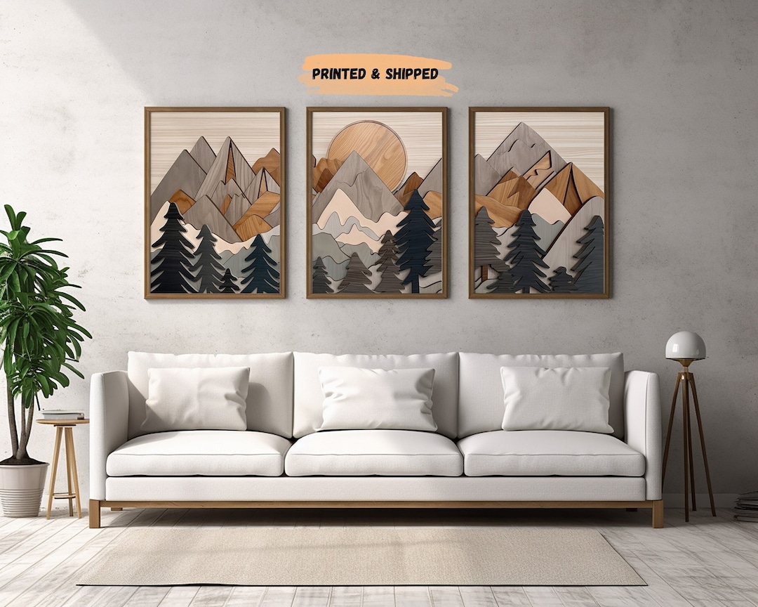 Forest Mountain Range Wall Art Prints, Set of 3, Wood Panels, Modern