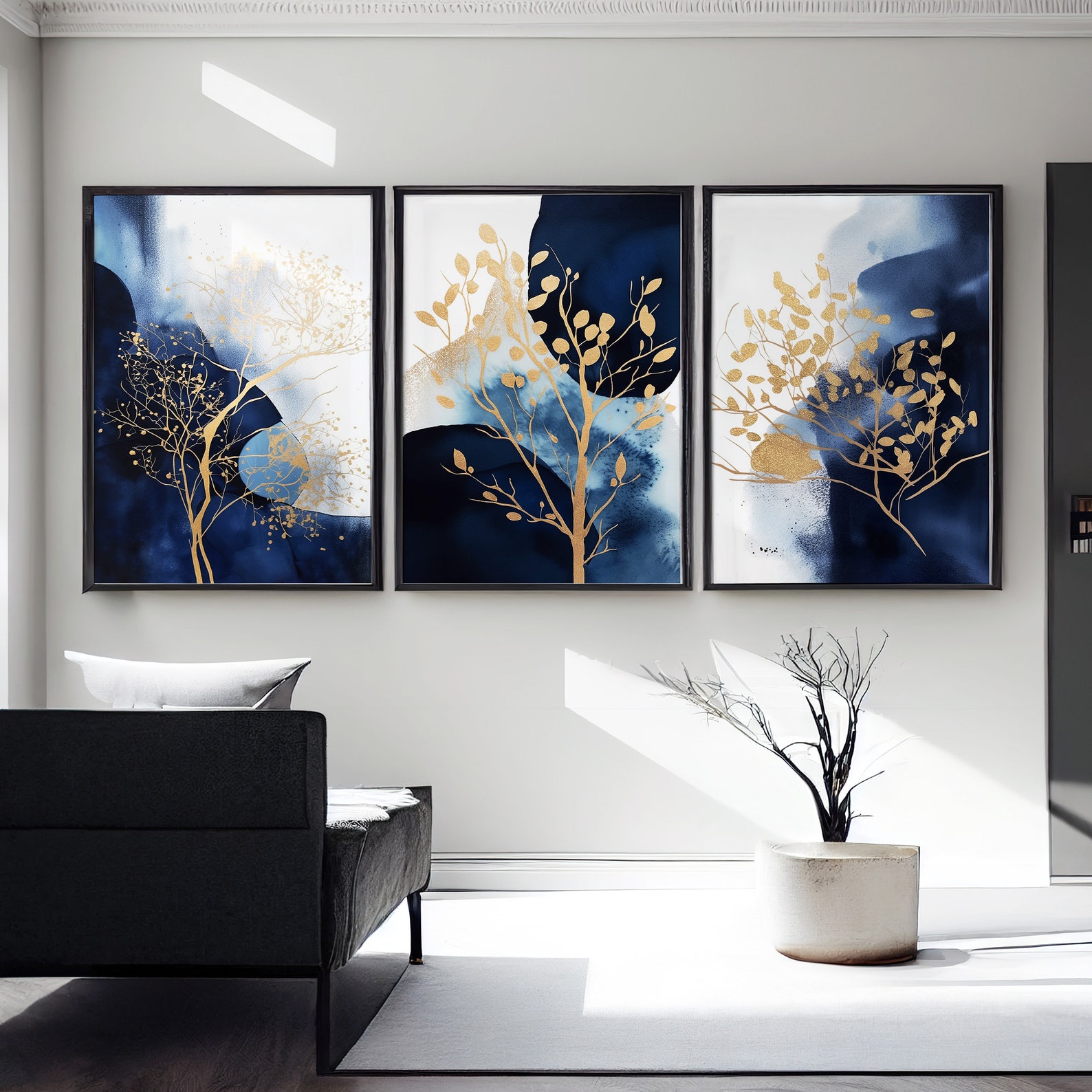 Navy Blue Abstract Wall Art Set of 3 Navy and Gold - Etsy