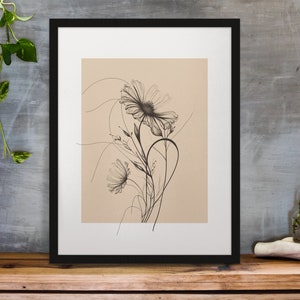 以下が含まれることがあります： シンプルなフレームの中に描かれた、白黒の線画の2つの花。花は繊細で、柔らかく、幻想的な雰囲気があります。背景は薄いベージュ色です。