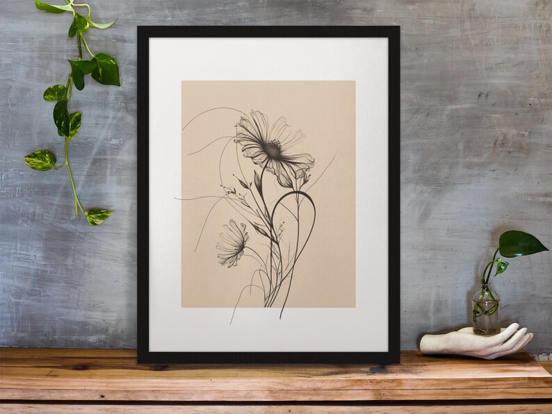 以下が含まれることがあります： シンプルなフレームの中に描かれた、白黒の線画の2つの花。花は繊細で、柔らかく、幻想的な雰囲気があります。背景は薄いベージュ色です。