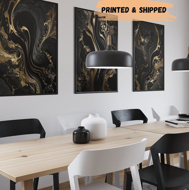 Black & Gold Wall Prints Marble Wall Printed Art Set of 3 Black Bedroom ...