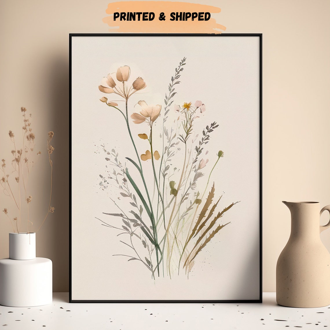 Boho Wildflower Wall Prints, Set of 3, Neutral Floral Prints, Beige ...
