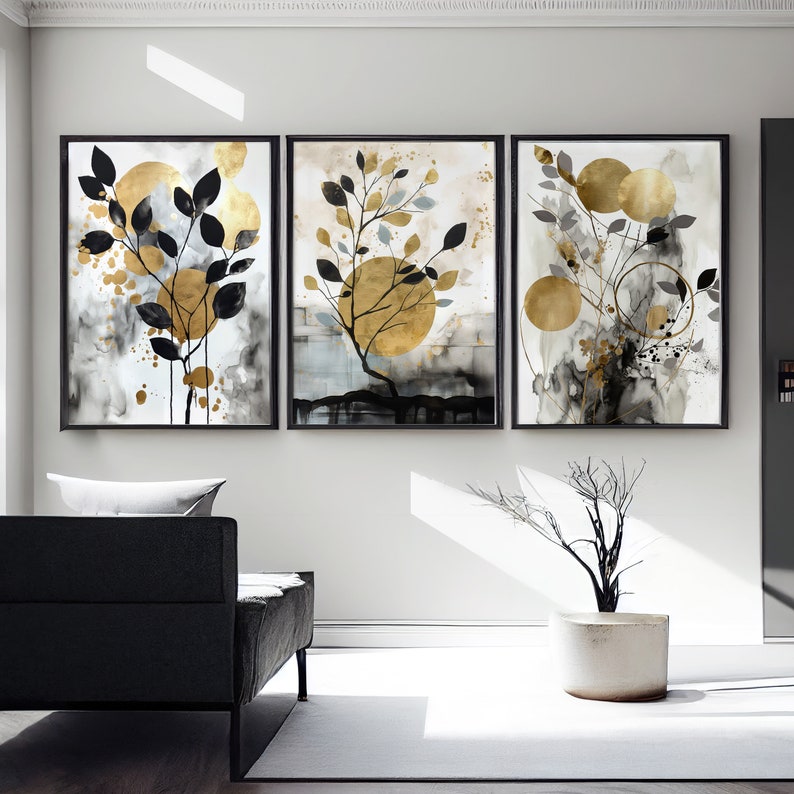 Black & Gold Botanical Abstract Wall Art, Set of 3, Gold Shapes Watercolor art, Printable Wall Art, Modern Hallway Print, Living Room Decor image 2