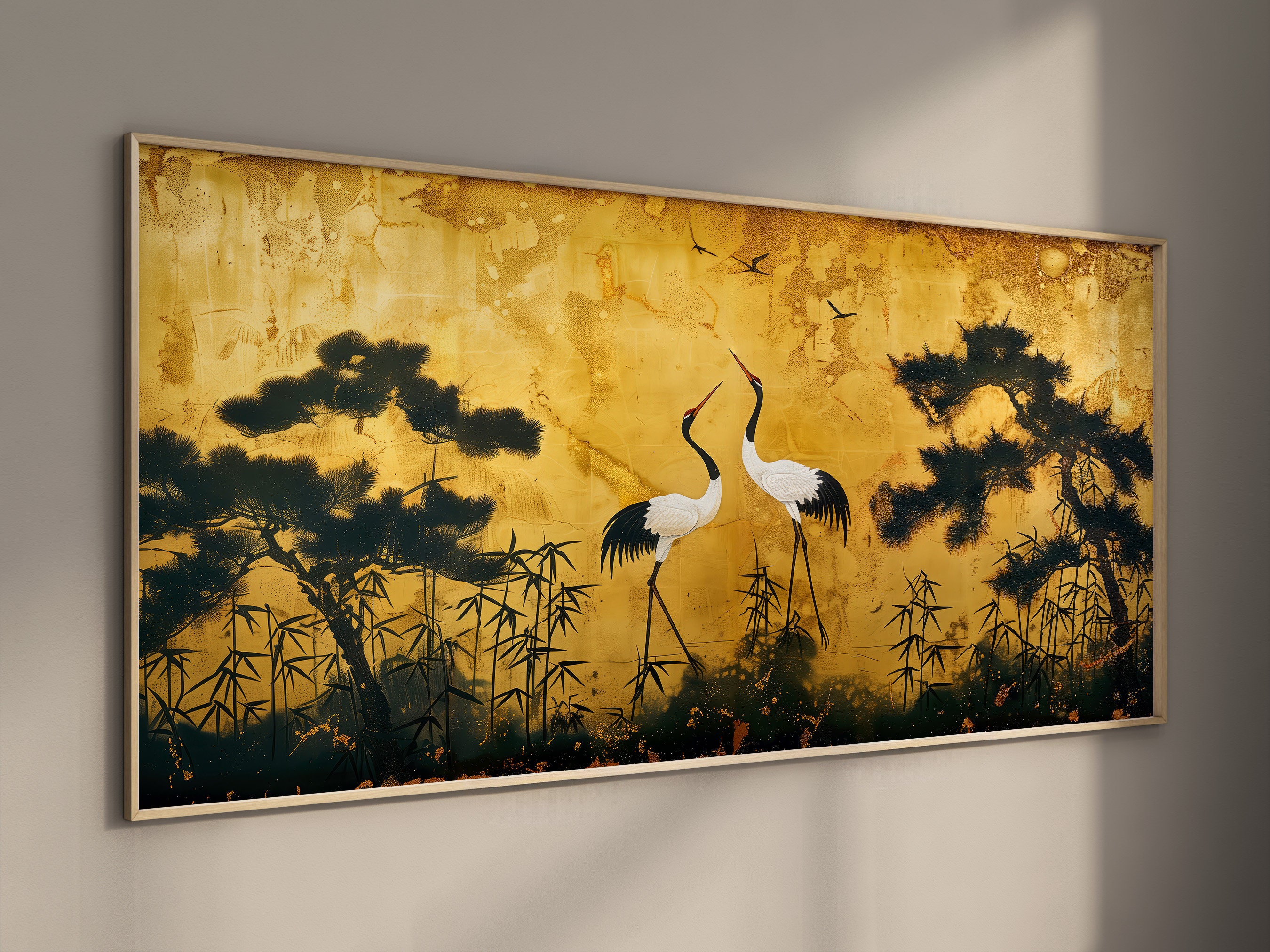 Lakelzdecor Cranes Pines and Bamboo Gold Wall Print, Ogata Lakelzdecor Cranes Pines and Bamboo Gold Wall Print, Ogata