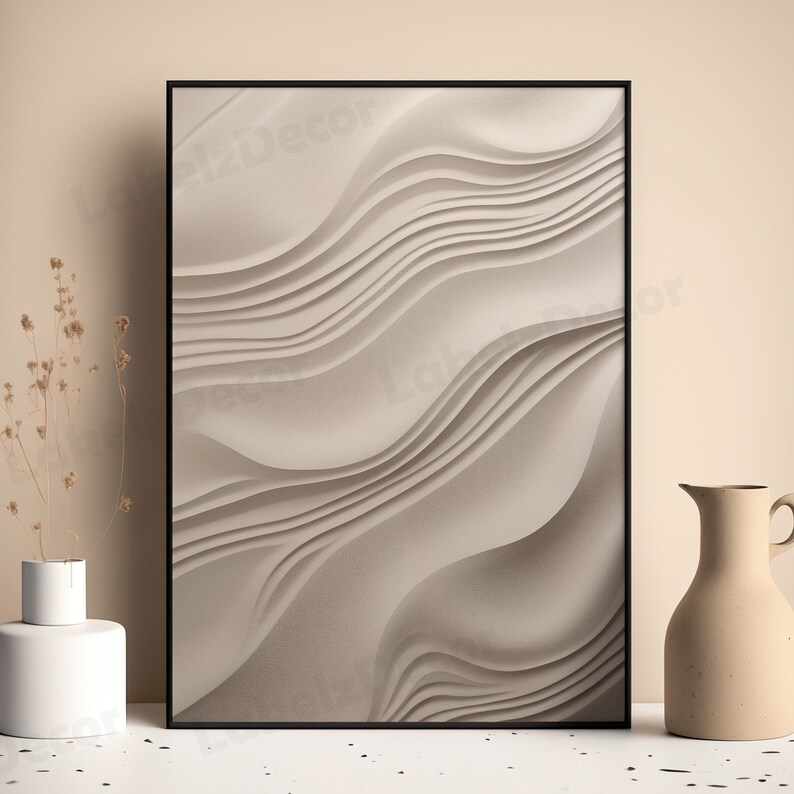 May include: A framed abstract art print with a white background and a pattern of wavy lines. The lines are raised and create a 3D effect.