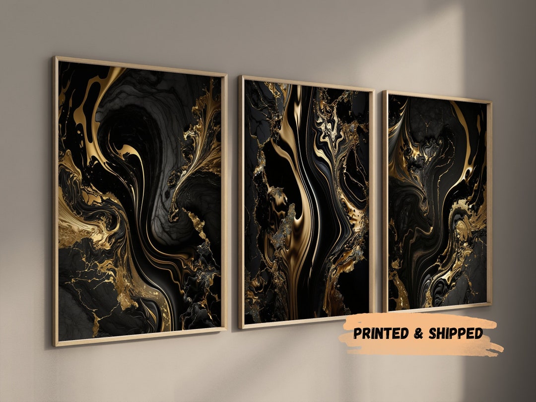 Black & Gold Wall Prints Marble Wall Printed Art Set of 3 Black Bedroom ...