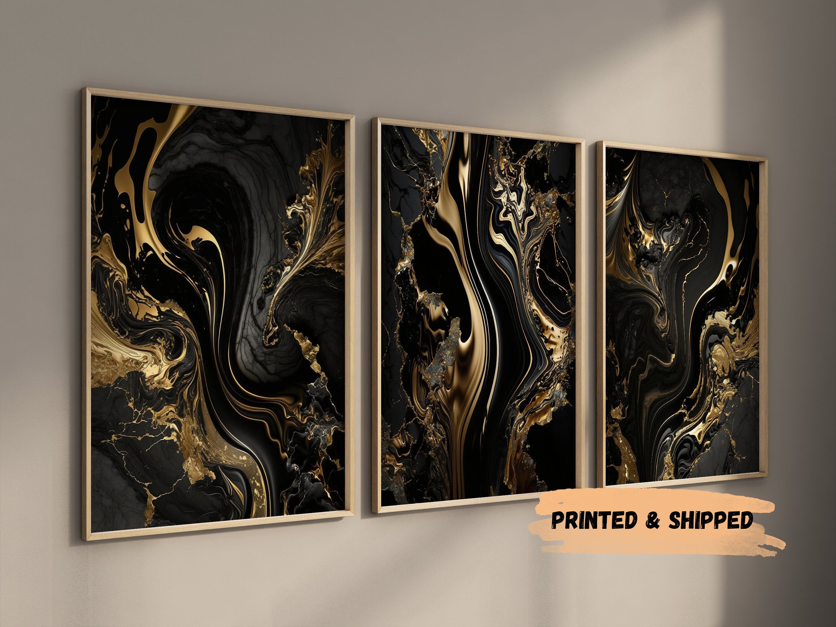 Black & Gold Wall Prints Marble Wall Printed Art Set of 3 - Etsy