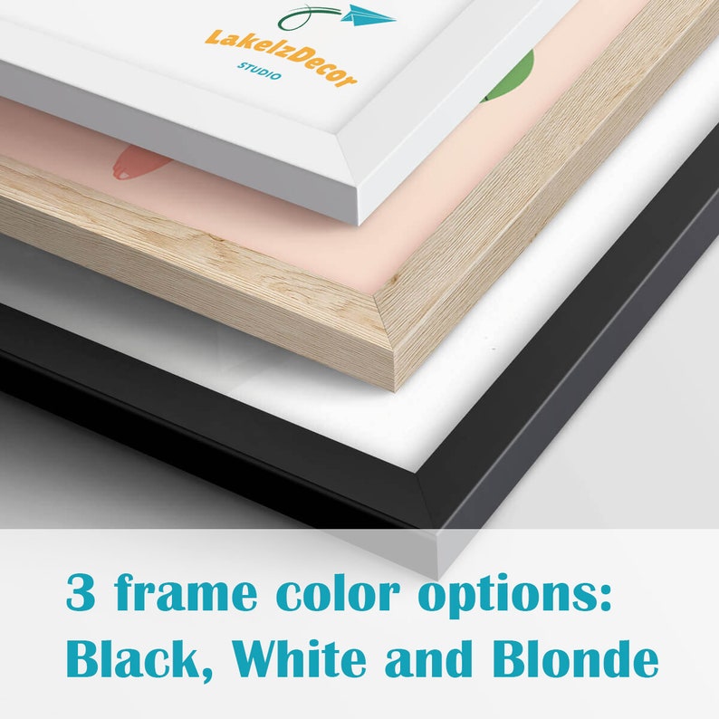May include: Three frame options for a picture or print: white, blonde wood, and black.