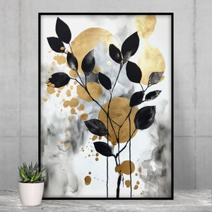 Black & Gold Botanical Abstract Wall Art, Set of 3, Gold Shapes Watercolor art, Printable Wall Art, Modern Hallway Print, Living Room Decor image 5