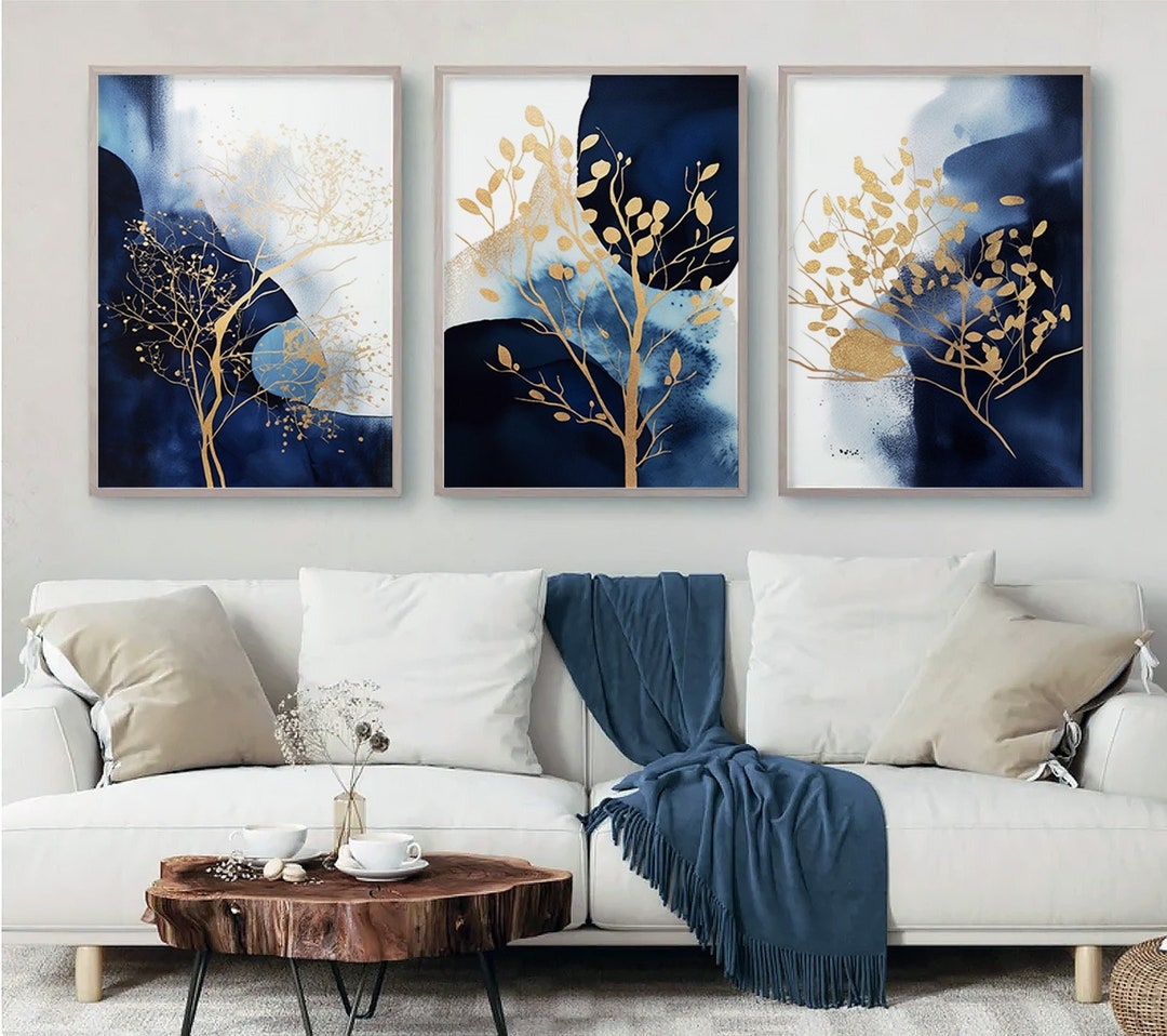 Navy Blue Abstract Wall Art, Set of 3, Navy and Gold Watercolor Shapes