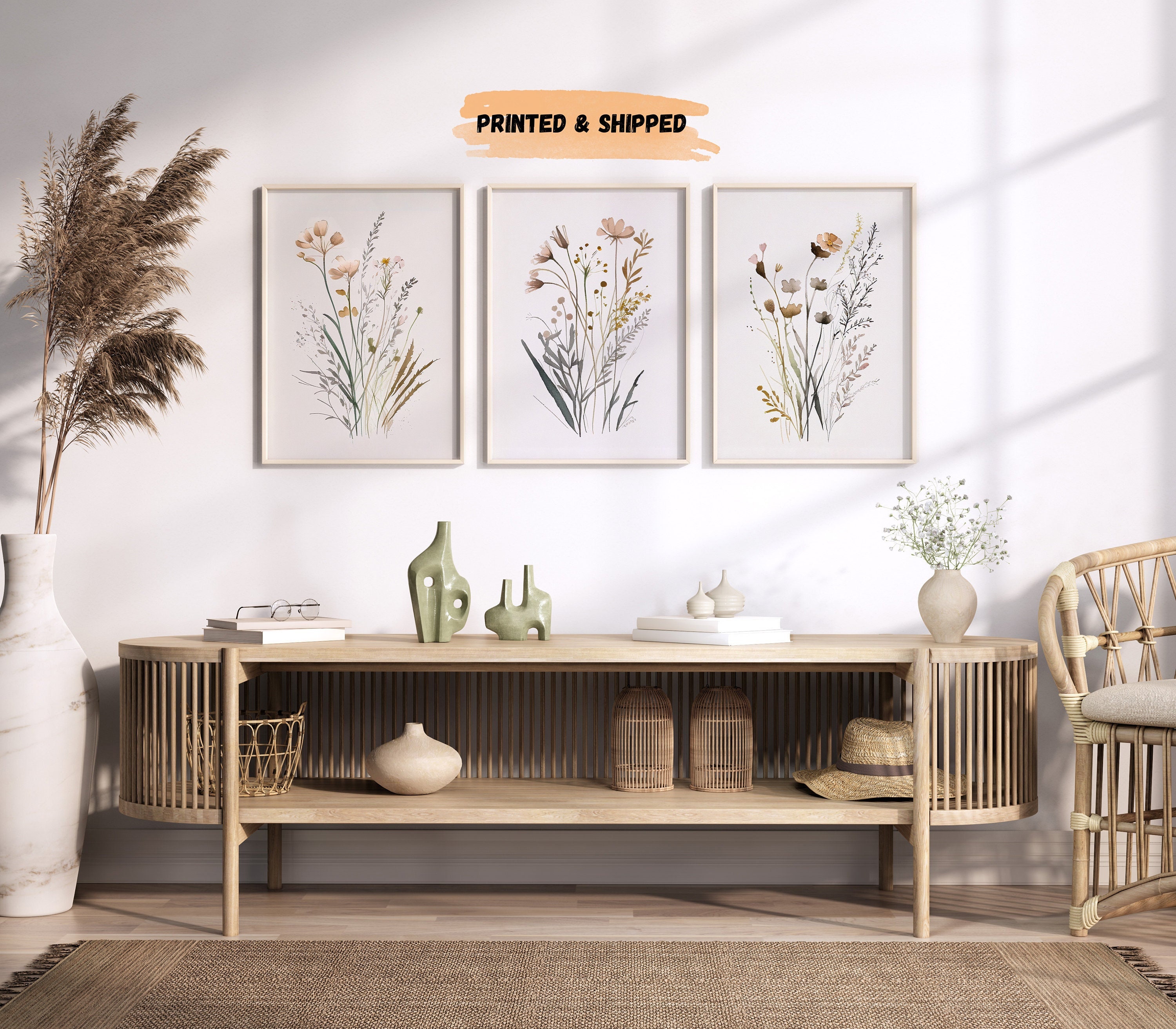 Boho Wildflower Wall Prints, Set of 3, Neutral Floral Prints, Beige ...